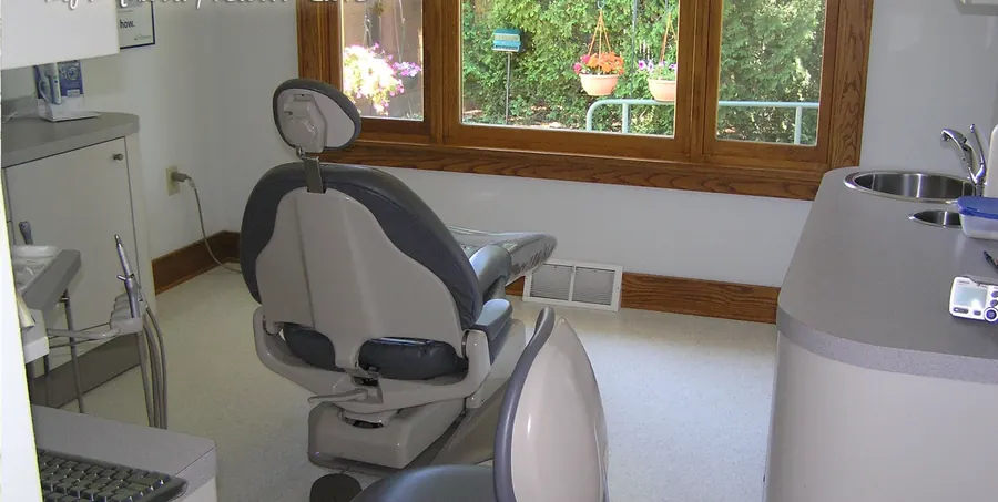 A treatment room at Main Street Dentists, with a window onto the garden.